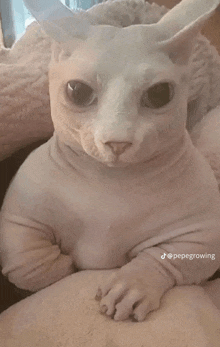 a hairless cat is laying on a pillow and looking at the camera with a caption that says pepegrowing