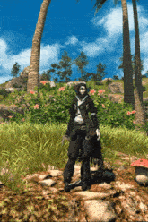 a person in a video game standing in a field with palm trees in the background