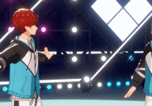 a couple of anime characters standing next to each other on a stage