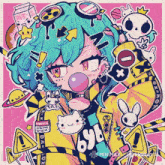 a drawing of a girl with a bubble gum in her mouth and a sign that says ' warning '