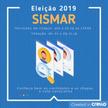 a poster for the election of 2019 shows a magnifying glass and three profiles of people .