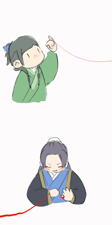 a drawing of a person holding a red string between their fingers