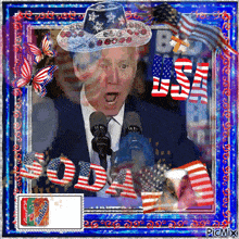 a picture of a man speaking into a microphone with the word usa written in red white and blue