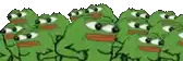 a group of green frogs are standing next to each other .