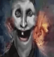 a close up of a painting of a scary face with a mouth open and smoke coming out of it .
