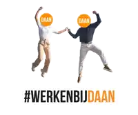 a man and a woman are jumping in the air with the word daan on their faces