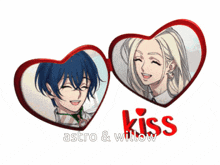 a picture of a boy and a girl in hearts with the words kiss astro & willow below them