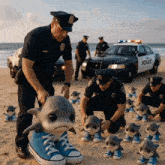 a group of police officers are kneeling down on a beach with a police car in the background