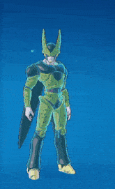 a drawing of a cell from dragon ball z with his arms outstretched on a blue background
