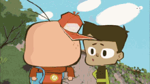 a cartoon character with a b on his shirt