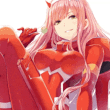 a girl in a red suit with horns on her head