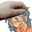 a hand is putting a donut on the head of a cartoon character .