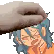 a hand is putting a donut on the head of a cartoon character .