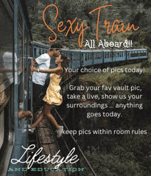 a man and a woman kissing on a train with the words sexy train all aboard