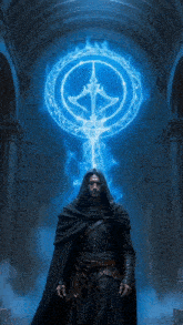 a man in a black cape is standing in front of a blue circle with a symbol on it