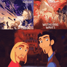 a cartoon of a man looking at a poster for genshin impact