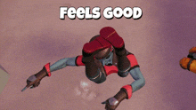 a cartoon character is flying in the air with the words feels good written above him