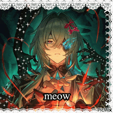a picture of a person with the word meow written on it