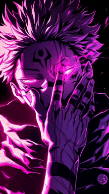 a man with purple hair is covering his face with his hands and has purple eyes .
