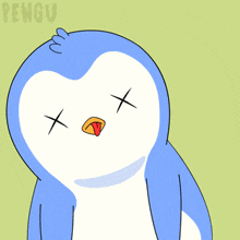 a cartoon penguin with its eyes crossed and a tongue sticking out