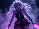 a woman with purple hair is wearing a black and pink dress with chains around her waist
