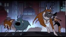 a group of cartoon dogs are running in a city