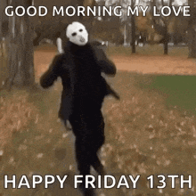 a person in a jason voorhees costume is running through a park .