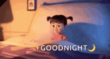 a cartoon girl is laying in a bed with the words `` goodnight '' written above her .
