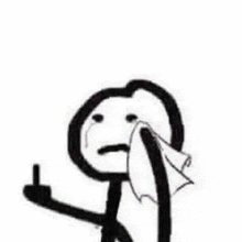a stick figure is crying and holding a napkin in his mouth while giving the middle finger .