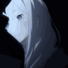 a girl with white hair and purple eyes is looking over someone 's shoulder