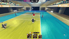 a volleyball game is being played with the score 24-21