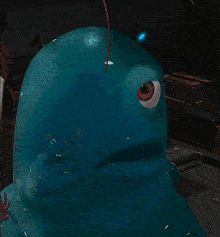 a blue cartoon character with a large eye