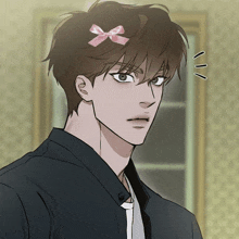 a man with a pink bow in his hair looks shocked