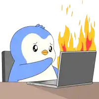 a cartoon of a penguin sitting in front of a laptop with flames coming out of it