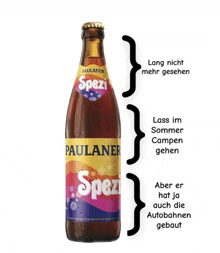 a bottle of paulaner spezi beer has a rainbow label on it