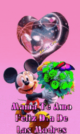a cartoon of mickey mouse holding a bouquet of flowers