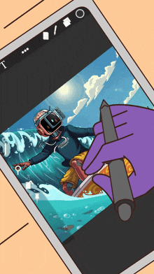 a cartoon drawing of a man riding a wave on a surfboard