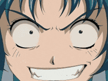a close up of a anime character 's face with a big smile