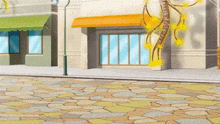 a cartoon illustration of a city street with buildings and a tree in the background .