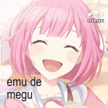 a picture of a girl with pink hair and the words " emu de megu " on the bottom
