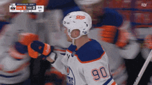 a hockey player wearing a number 90 jersey