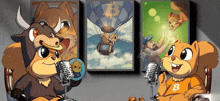 a bull and a squirrel are sitting in front of microphones with a picture of a hot air balloon in the background
