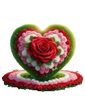 a green heart shaped pillow with a red rose in the center
