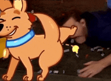a cartoon dog is licking a man 's butt while a man lays on a couch .