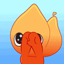 a cartoon drawing of a flame with a hand covering its face