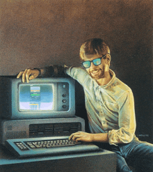 a man wearing sunglasses leans against a computer monitor