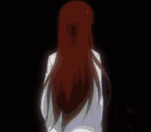 a close up of a red haired anime girl with blue eyes