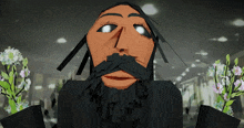 a cartoon drawing of a man with a beard and white eyes