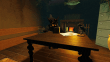 a drawing of a room with a table and a bird on top of it