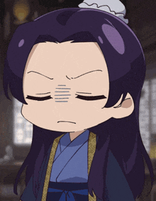 a close up of a cartoon character with purple hair making a funny face